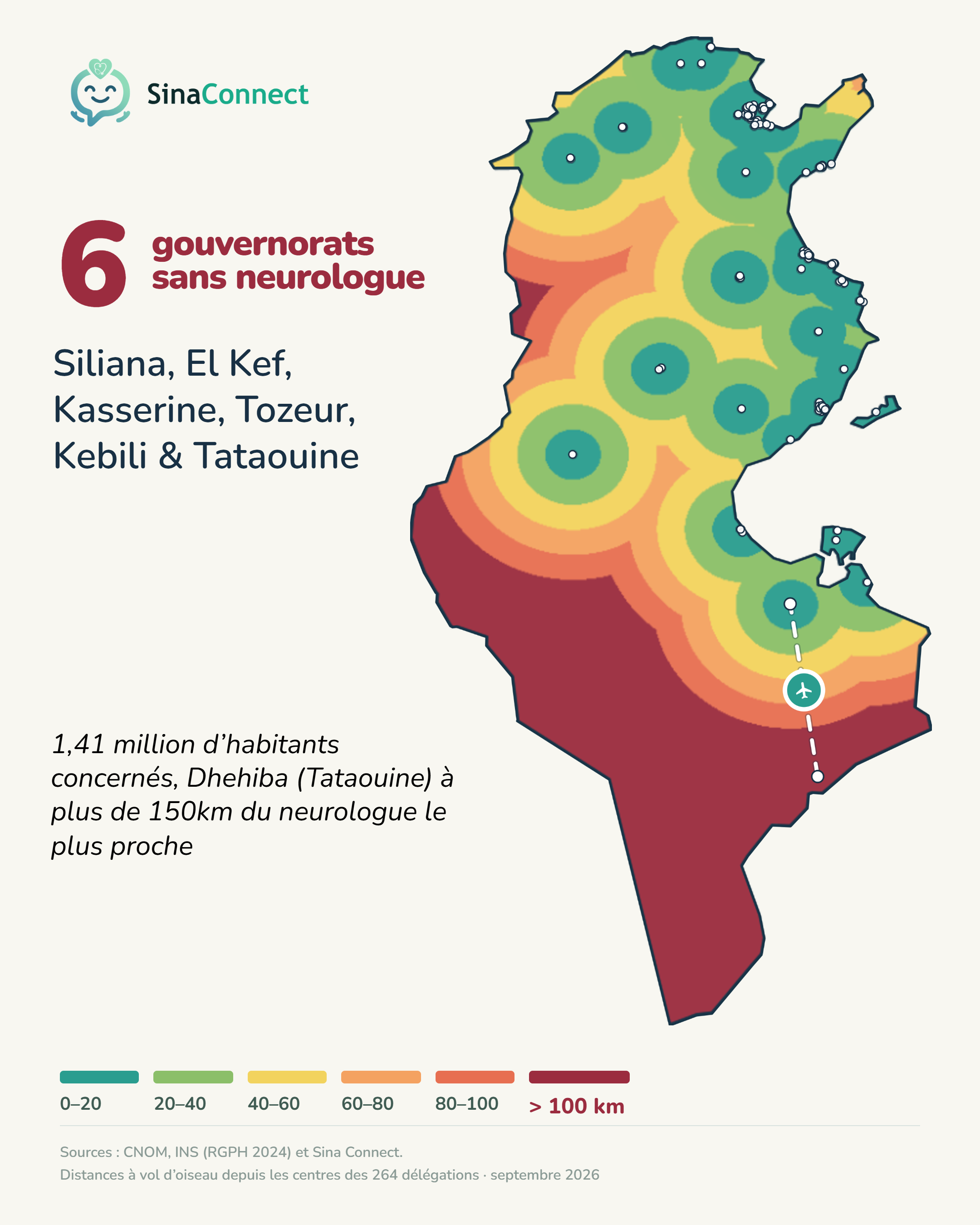 Carte de la Tunisie par délégation, distance au neurologue le plus proche
