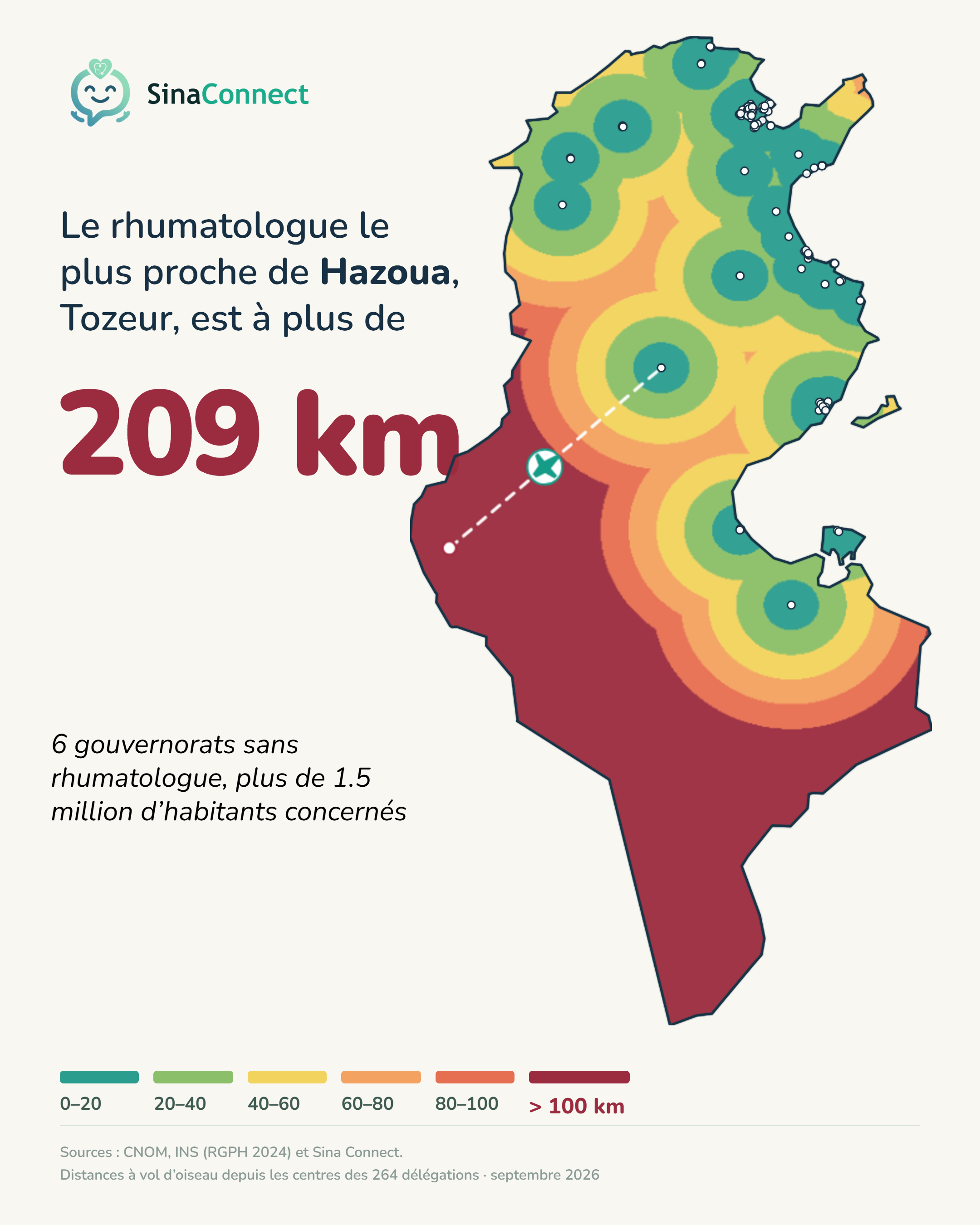 Carte de la Tunisie par délégation, distance au rhumatologue le plus proche